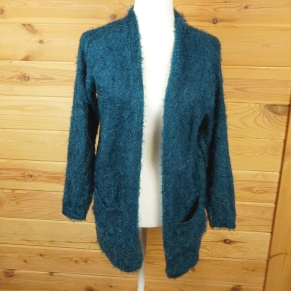Chelsea & Theodore Teal Eyelash Cardigan Sweater with‎ Pockets Size Small